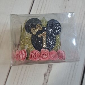 Glittery Black and Gold Mouse Ears First Birthday Crown with Pink Roses